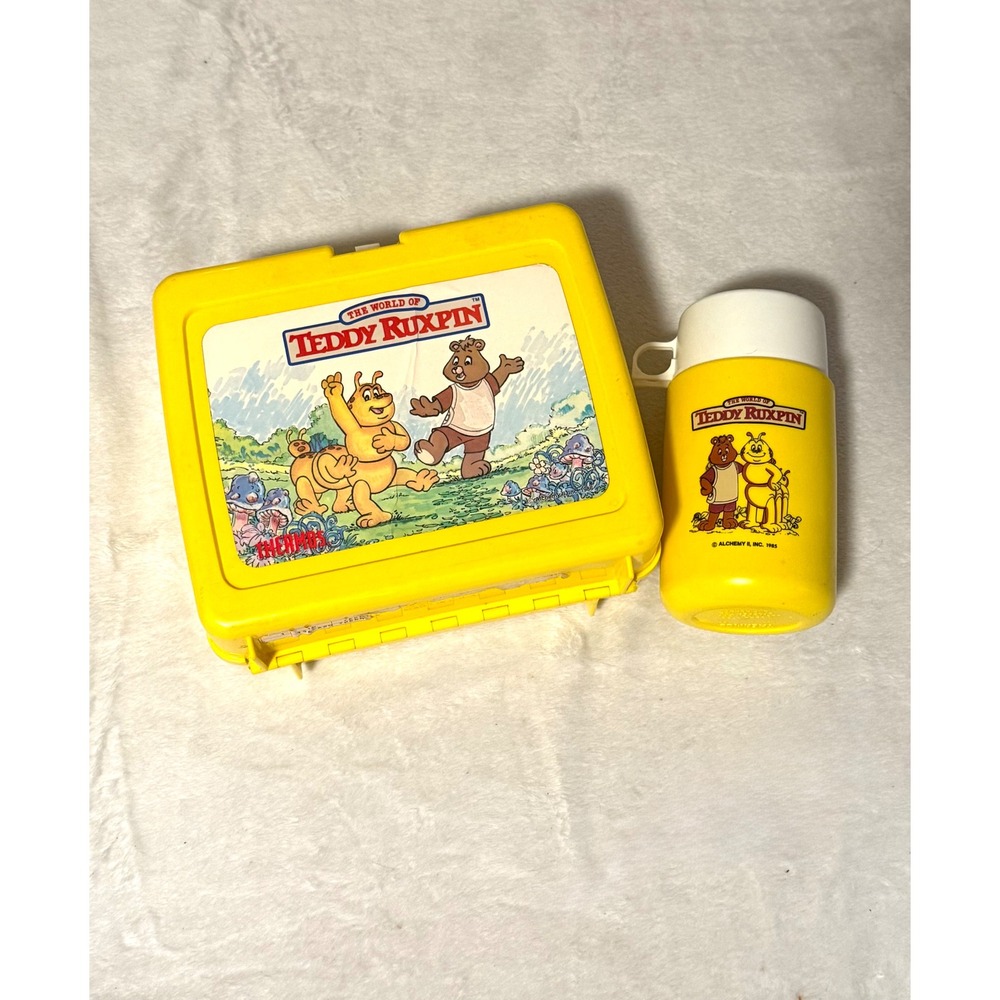 Vintage 1980s Teddy Ruxpin Thermos Plastic Lunch Box with Matching Bottle Yellow